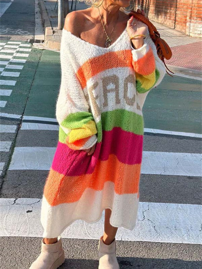 Color Block V-Neck Long Sleeve Boho Sweater Dress - Spirit and Rebel