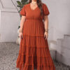 Plus Size Ruched Lace Detail V-Neck Short Sleeve Boho Dress - Spirit and Rebel