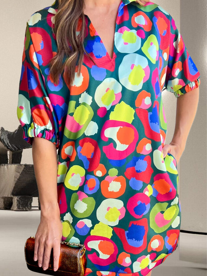 Printed Johnny Collar Half Sleeve Mini Boho Dress