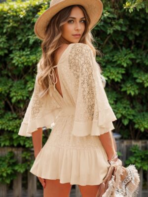 Spirit and Rebel Lace Cutout Half Sleeve Mini Boho Dress