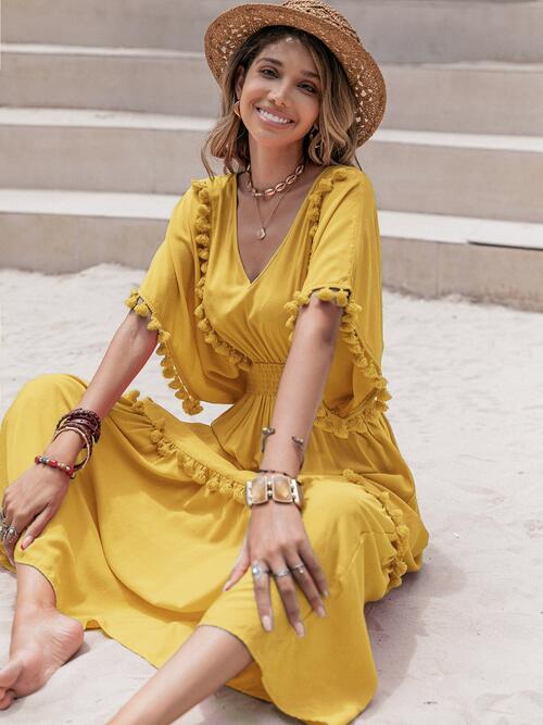 Boho Chic  Tassel Trim Smocked V-Neck Short Sleeve Dress