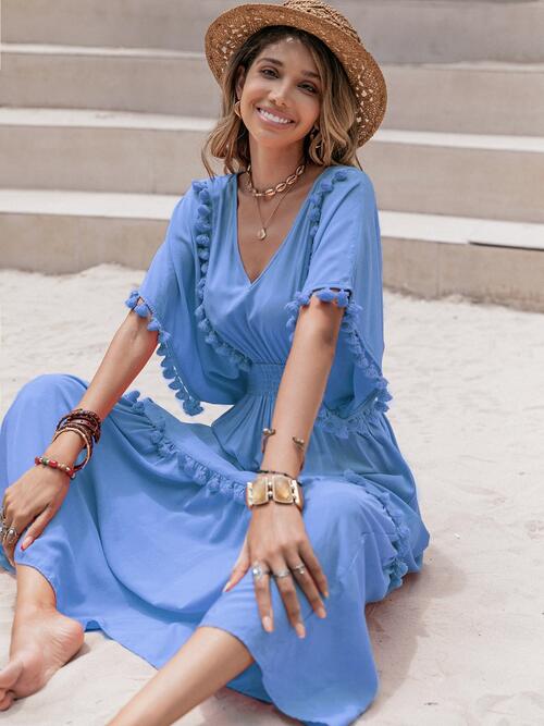 Boho Chic  Tassel Trim Smocked V-Neck Short Sleeve Dress