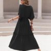 Boho Chic  Tassel Trim Smocked V-Neck Short Sleeve Dress