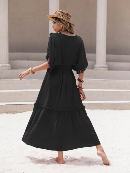 Boho Chic  Tassel Trim Smocked V-Neck Short Sleeve Dress