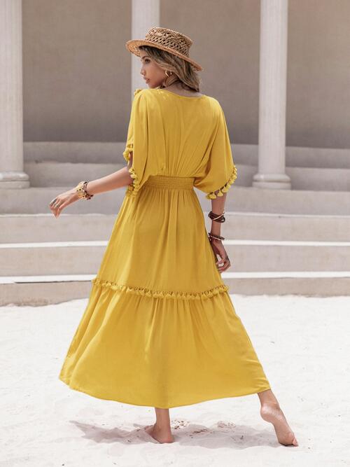 Boho Chic  Tassel Trim Smocked V-Neck Short Sleeve Dress