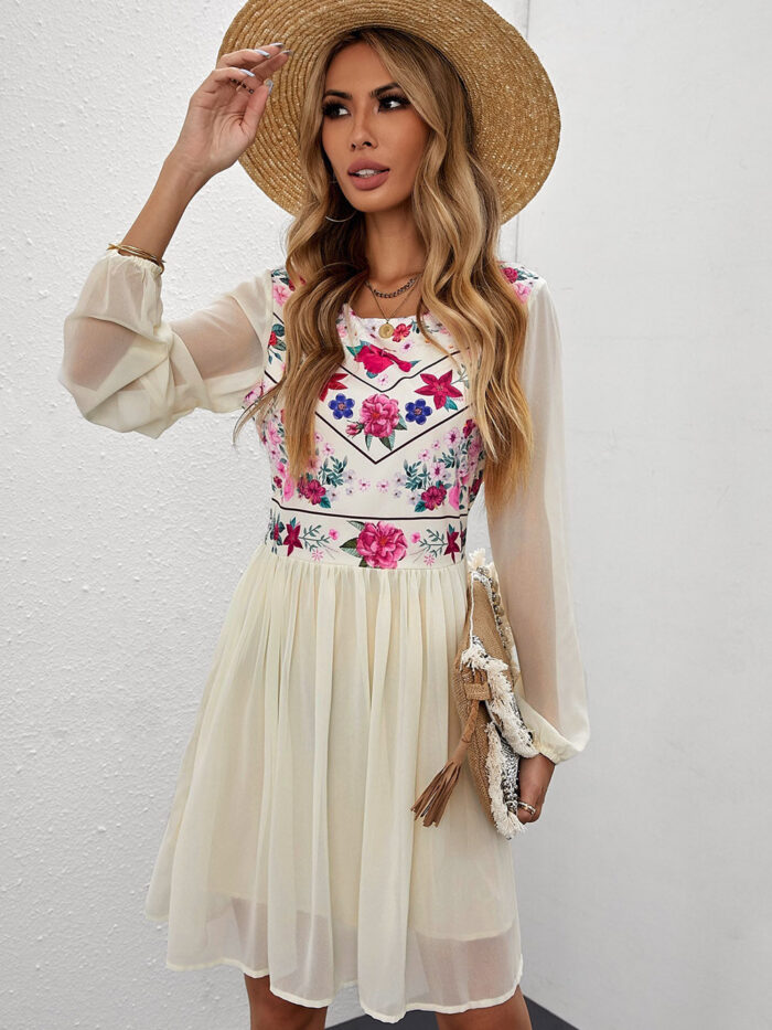 White Boho Floral Mesh Sleeve Lined Dress