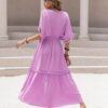 Boho Chic  Tassel Trim Smocked V-Neck Short Sleeve Dress