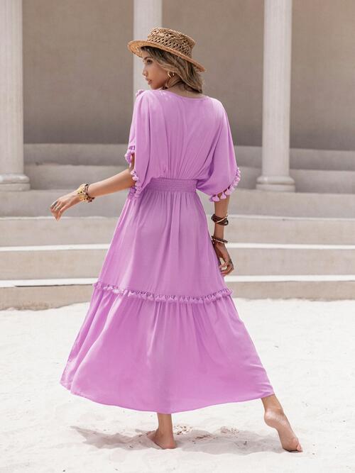 Boho Chic  Tassel Trim Smocked V-Neck Short Sleeve Dress