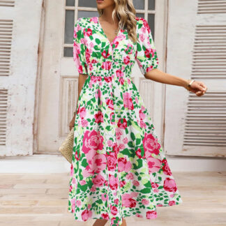Boho Chic Ruched Printed Surplice Short Sleeve Dress