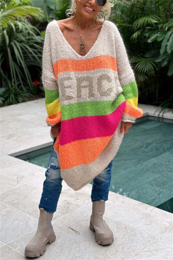 Color Block V-Neck Long Sleeve Boho Sweater Dress - Spirit and Rebel