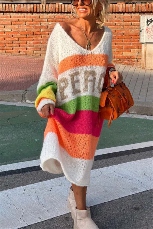 Color Block V-Neck Long Sleeve Boho Sweater Dress - Spirit and Rebel