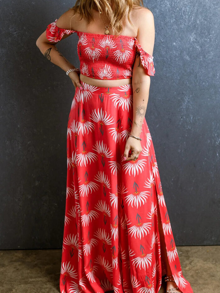 Smocked Off-Shoulder Boho Top and Slit Skirt Set - Spirit and Rebel