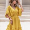 Boho Chic  Tassel Trim Smocked V-Neck Short Sleeve Dress