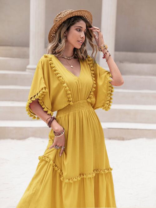 Boho Chic  Tassel Trim Smocked V-Neck Short Sleeve Dress