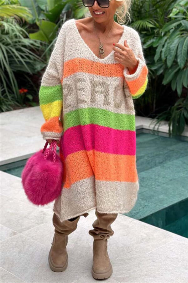 Color Block V-Neck Long Sleeve Boho Sweater Dress - Spirit and Rebel