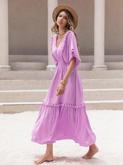Boho Chic  Tassel Trim Smocked V-Neck Short Sleeve Dress