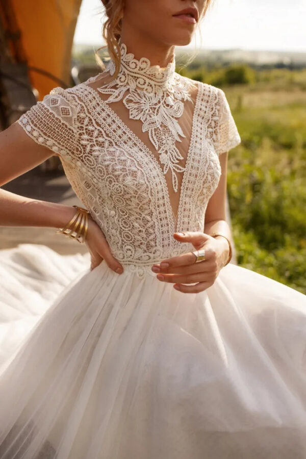 H32b60c8501a24b6487b0fdb975ddff8dS.jpg Whispering Lace High Neck Boho Wedding Dress