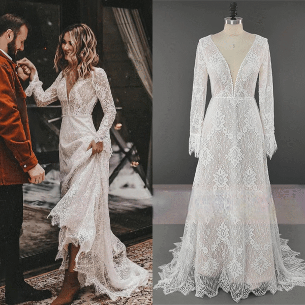 S10cfb3c632394fec9d470409060b20a6m_0681ae79-d2c1-4326-94b2-9043cfddbdd6_result.png Elegant Boho Floral Lace V Neck Wedding Dress