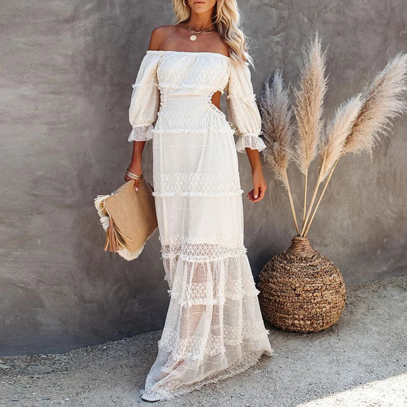 Heavenly White Lace Waist Cut Out Boho Dress