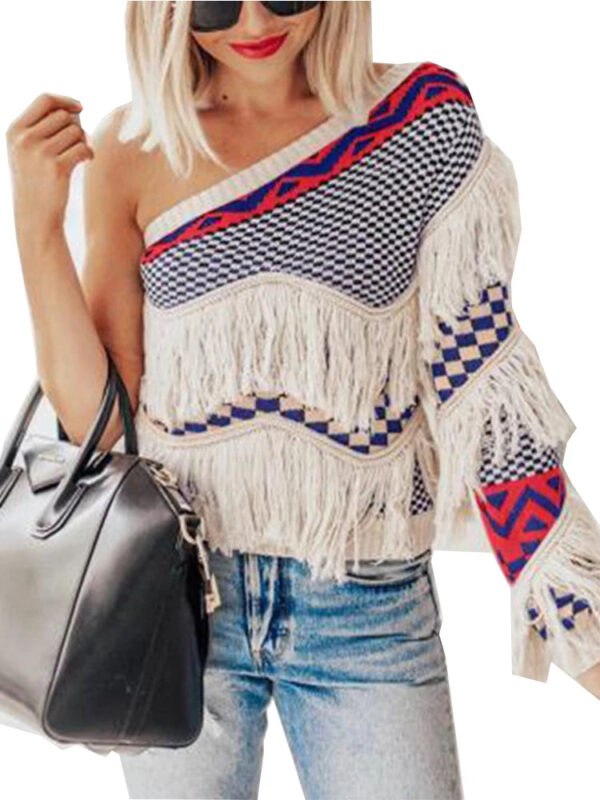 S50ade3fd12214da09caa09f20703dd35B.jpg Hamptons Rustic Knitted One Shoulder Fringe Sweater