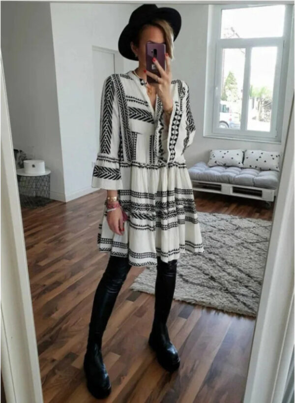 S52c187b64c9e40adb3d3ec1747f0df36F.jpg Wander Vista Bohemian Plus Size Geometric Pattern Dress with Flared Sleeves – Spirit & Rebel