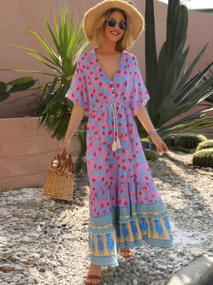 Wildflower Dance Floral Maxi Dress with Drawstring and Tiered Hem Multicolor – Spirit & Rebel