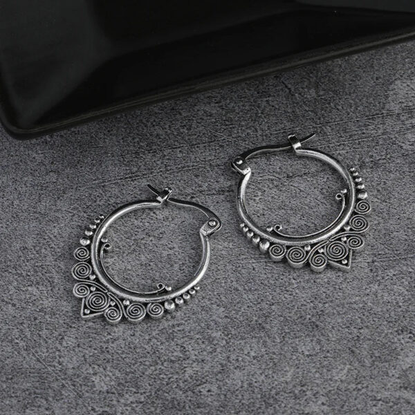 S7f4711b7cbf0442b96cb3f986adb708ah.jpg Gypsy Spiral Silver Boho Hoop Earrings with Ornamental Charms
