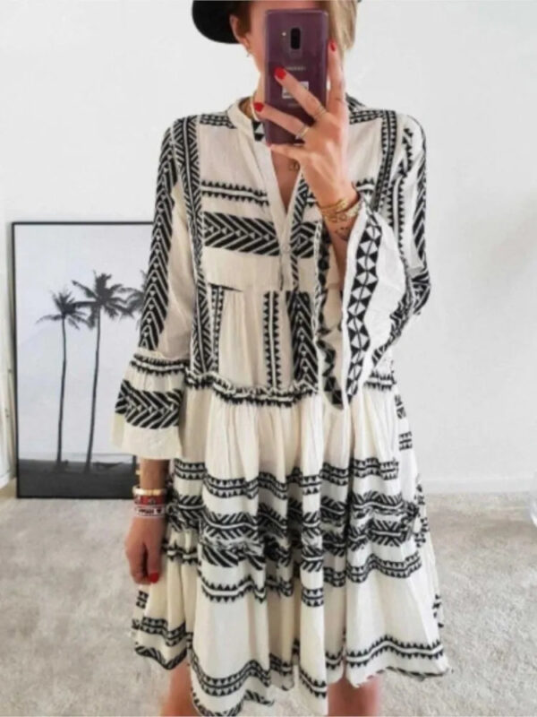 S815ca027ea99462d84d6a062894c055aE.jpg Wander Vista Bohemian Plus Size Geometric Pattern Dress with Flared Sleeves – Spirit & Rebel