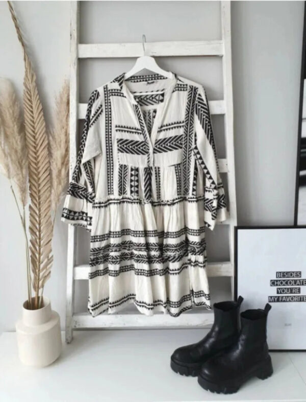 S84946c9ca5f44f0fb70ea9facf71a4b91.jpg Wander Vista Bohemian Plus Size Geometric Pattern Dress with Flared Sleeves – Spirit & Rebel