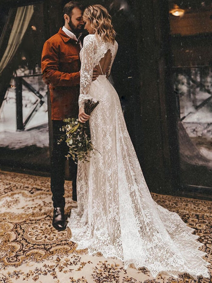 Elegant Boho Floral Lace V Neck Wedding Dress