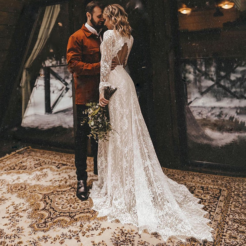 Elegant Boho Floral Lace V-Neck Wedding Dress with an A-line skirt