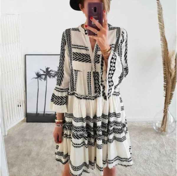 S8fbbbc63fd2140d5b70ea8ad505d8181t.jpg Wander Vista Bohemian Plus Size Geometric Pattern Dress with Flared Sleeves – Spirit & Rebel