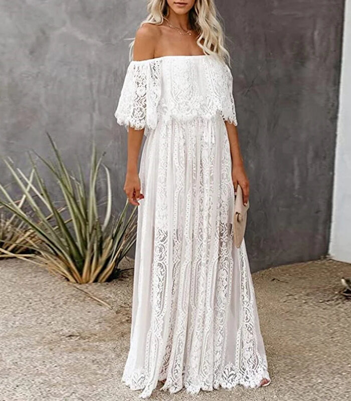 Majestic White Lace Off Shoulder Boho Dress
