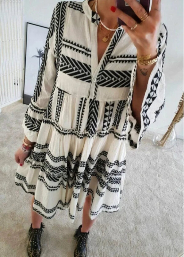 Saea94fb8b14842cca749efc56ba0aa828.jpg Wander Vista Bohemian Plus Size Geometric Pattern Dress with Flared Sleeves – Spirit & Rebel