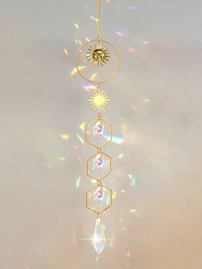 Golden Sun Pentagram Crystal Dream Catcher – Rainbow Window Hanging Decoration Gold – Spirit & Rebel