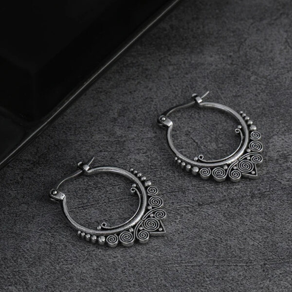Sbf098e5ec40e4195aff25cc961d340f9J.jpg Gypsy Spiral Silver Boho Hoop Earrings with Ornamental Charms