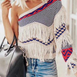 Hamptons Rustic Knitted One Shoulder Fringe Sweater