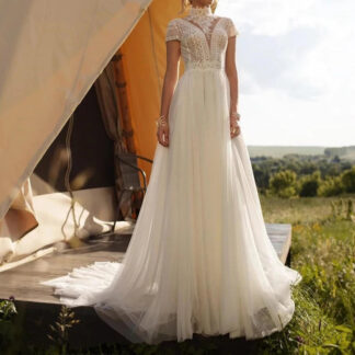 Whispering Lace High Neck Boho Wedding Dress