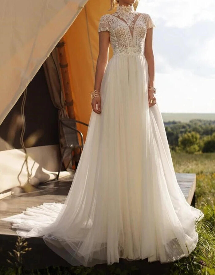Whispering Lace High Neck Boho Wedding Dress