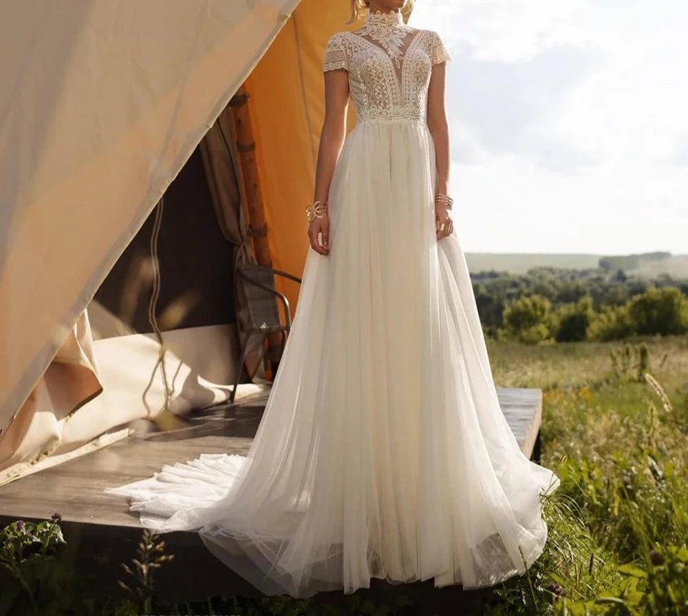 Whispering Lace High Neck Boho Wedding Dress