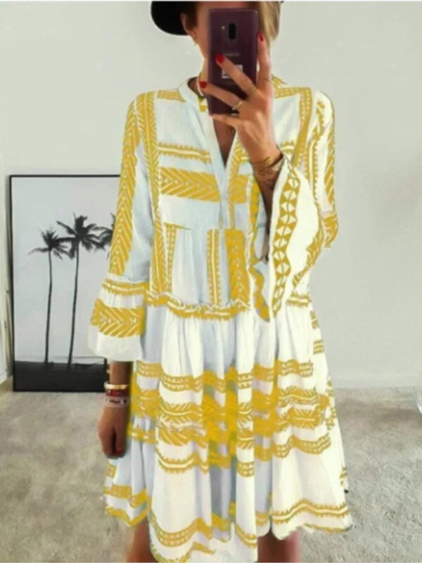 Se0ed18a257ec4230b6f2e59577ea08d5a.jpg Wander Vista Bohemian Plus Size Geometric Pattern Dress with Flared Sleeves – Spirit & Rebel