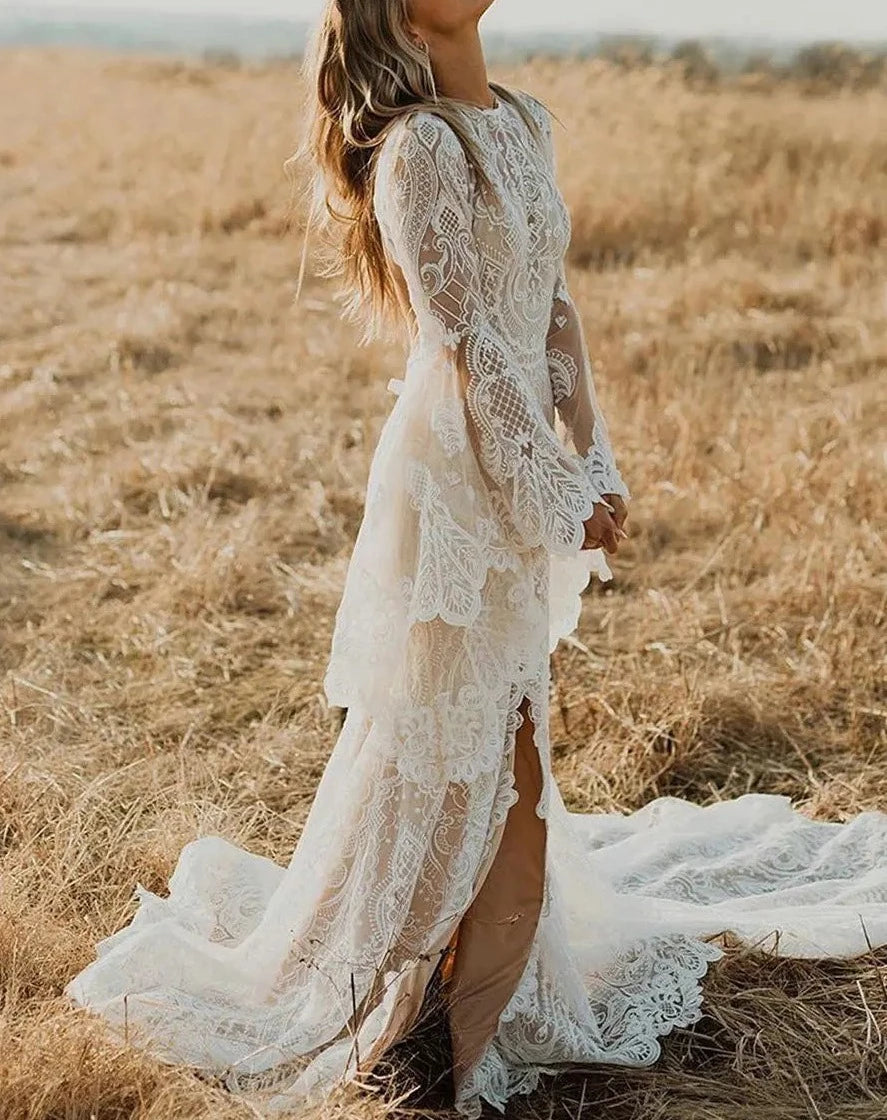 chinese dress ladies Monaco Long bohemian dress with lace and ruffles, 3/4 sleeves main image 0