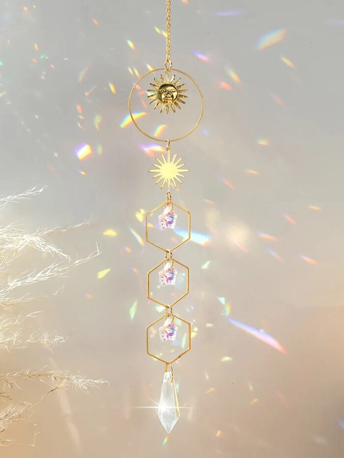 Golden Sun Pentagram Crystal Dream Catcher – Rainbow Window Hanging Decoration Gold – Spirit & Rebel