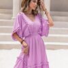 Boho Chic  Tassel Trim Smocked V-Neck Short Sleeve Dress