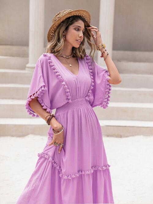 Boho Chic  Tassel Trim Smocked V-Neck Short Sleeve Dress