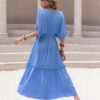 Boho Chic  Tassel Trim Smocked V-Neck Short Sleeve Dress