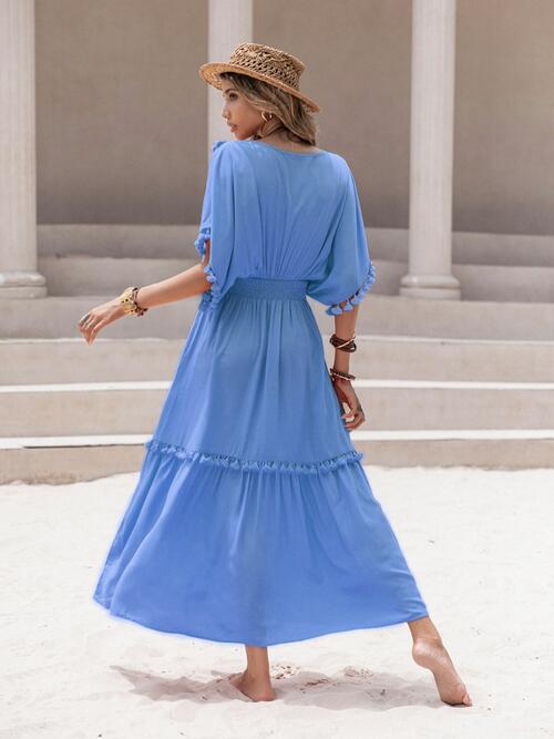 Boho Chic  Tassel Trim Smocked V-Neck Short Sleeve Dress