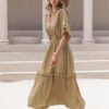 Boho Chic  Tassel Trim Smocked V-Neck Short Sleeve Dress