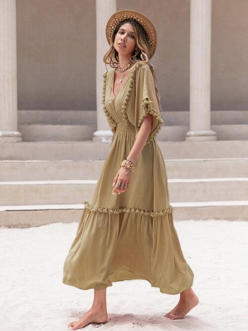 Boho Chic  Tassel Trim Smocked V-Neck Short Sleeve Dress