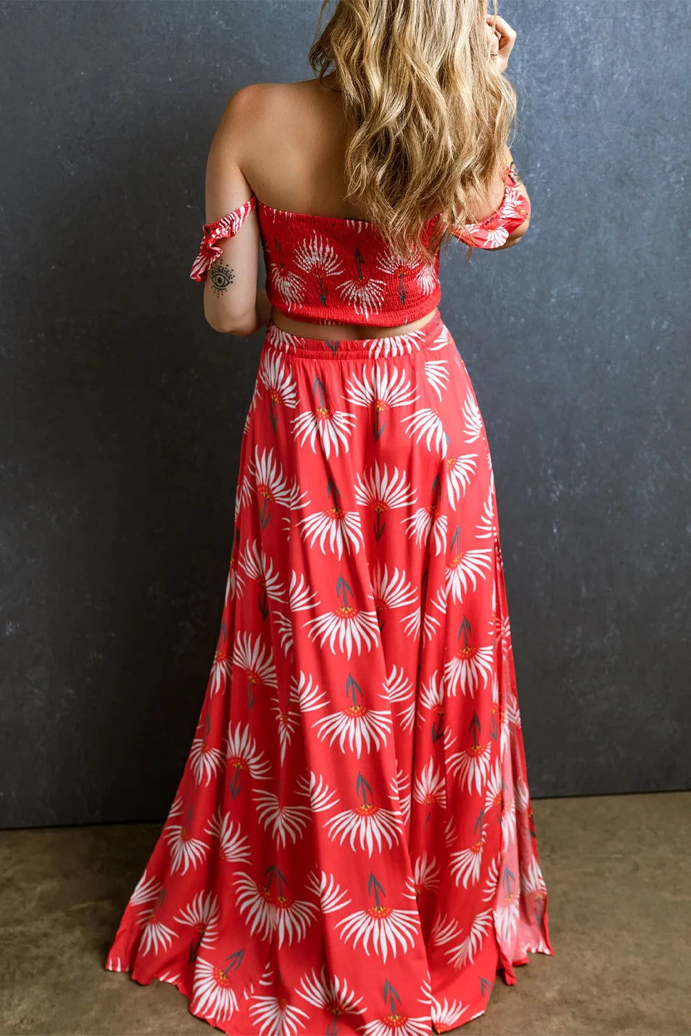 Smocked Off-Shoulder Boho Top and Slit Skirt Set - Spirit and Rebel - Image 3